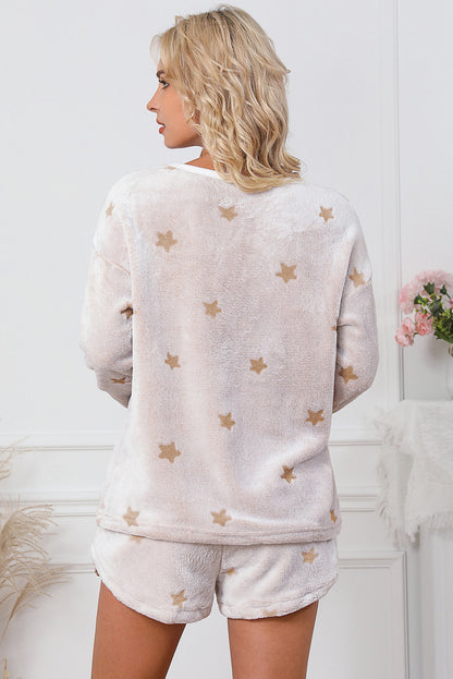 White Plush Star Pattern Long Sleeve Pullover and Shorts Lounge Set