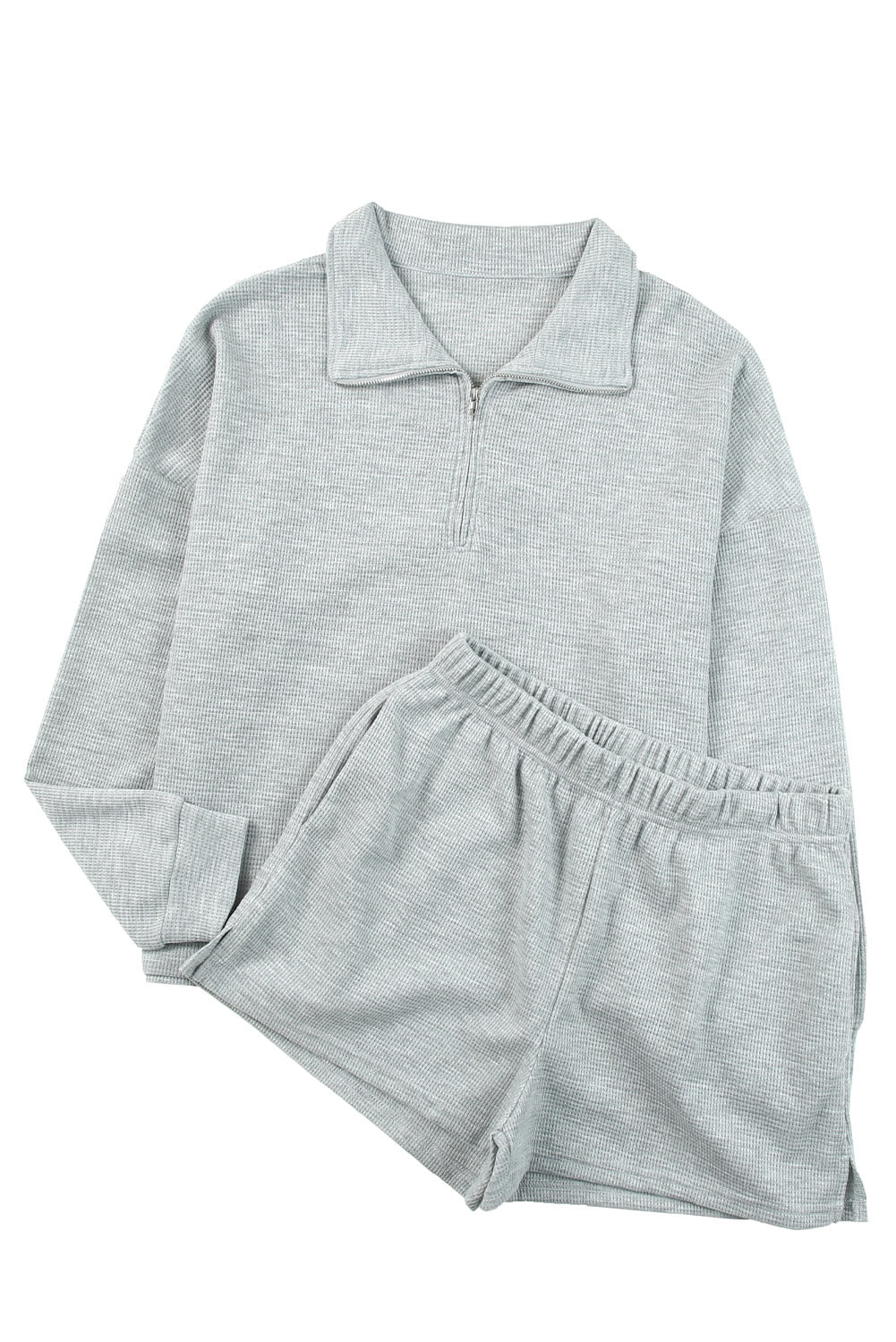 Gray Ribbed Zipper Sweatshirt & High Waist Shorts Set