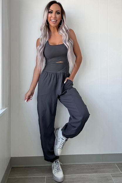 Carbon Grey Back Crossed Straps Hollow Out Jogger Jumpsuit