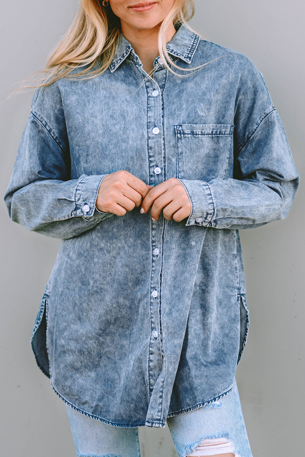 Sky Blue Vintage Washed Chest Pocket Denim Shirt