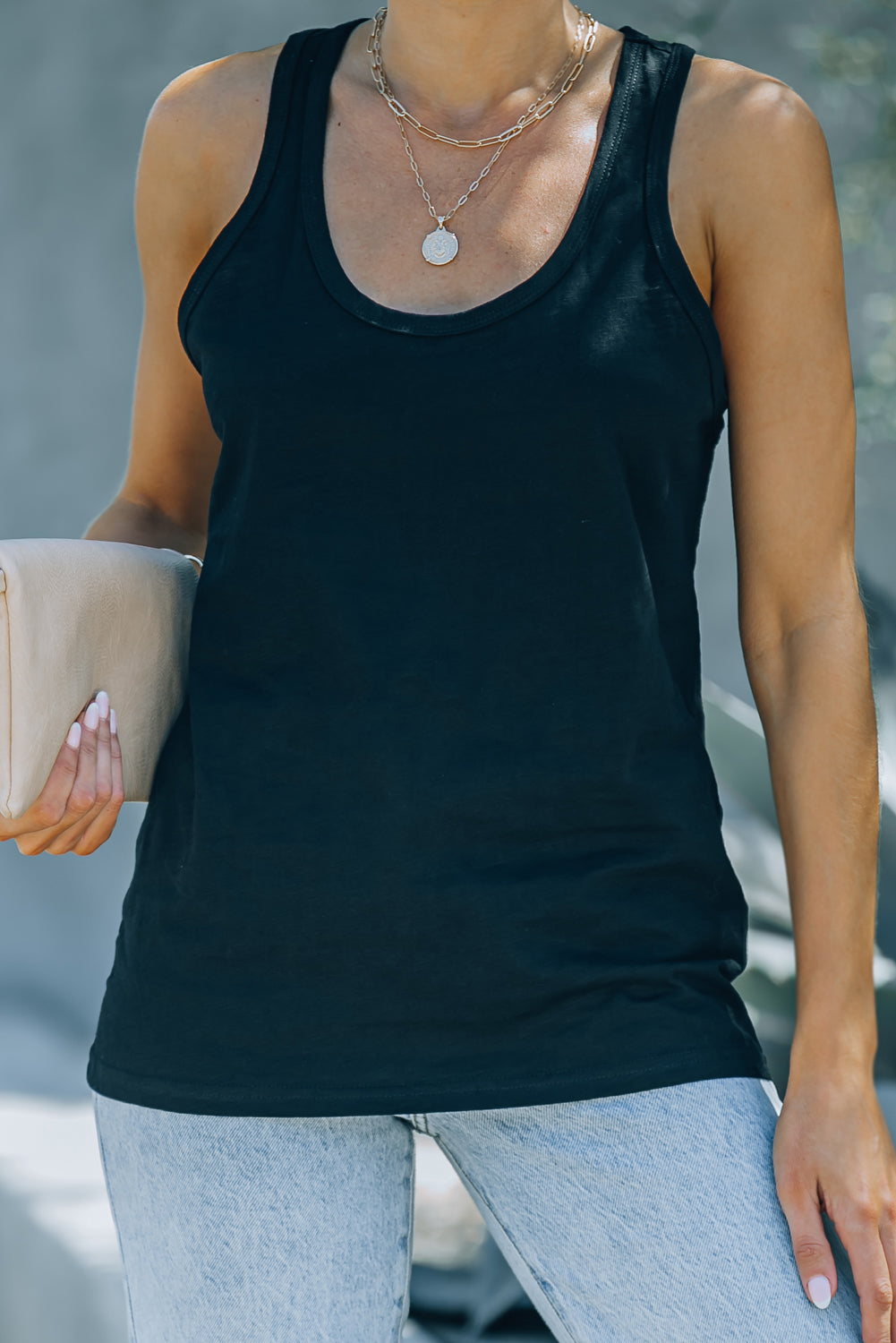 Black Scoop Neck Basic Solid Tank Top