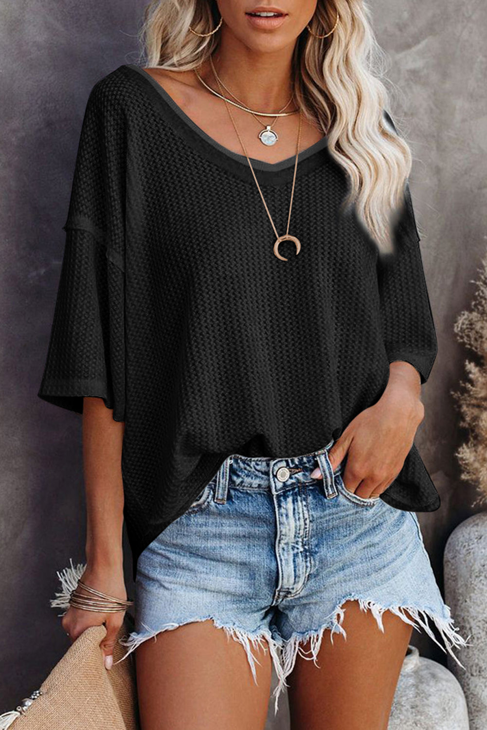 Black Waffle Knit Drop Shoulder Loose Top