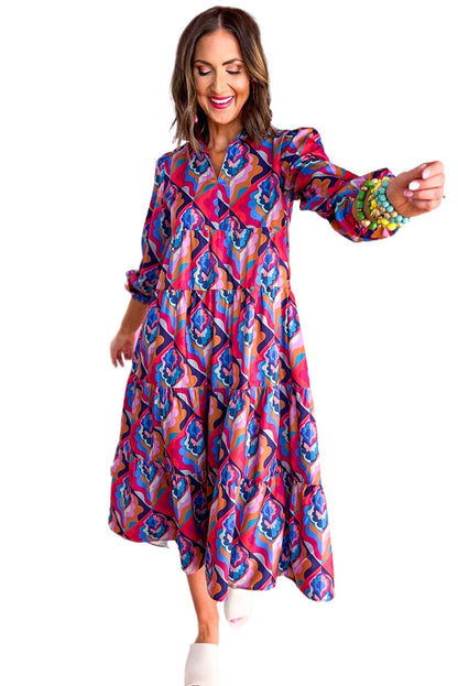 Abstract Geometric Print Long Sleeve High Waist Dress