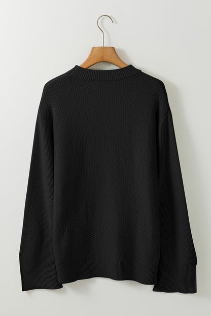 Black Solid Textured Knit Split Cuff Drop Shoulder Loose Sweater