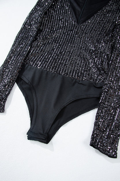 Black Sequin V Neck Zipped Long Sleeve Bodysuit