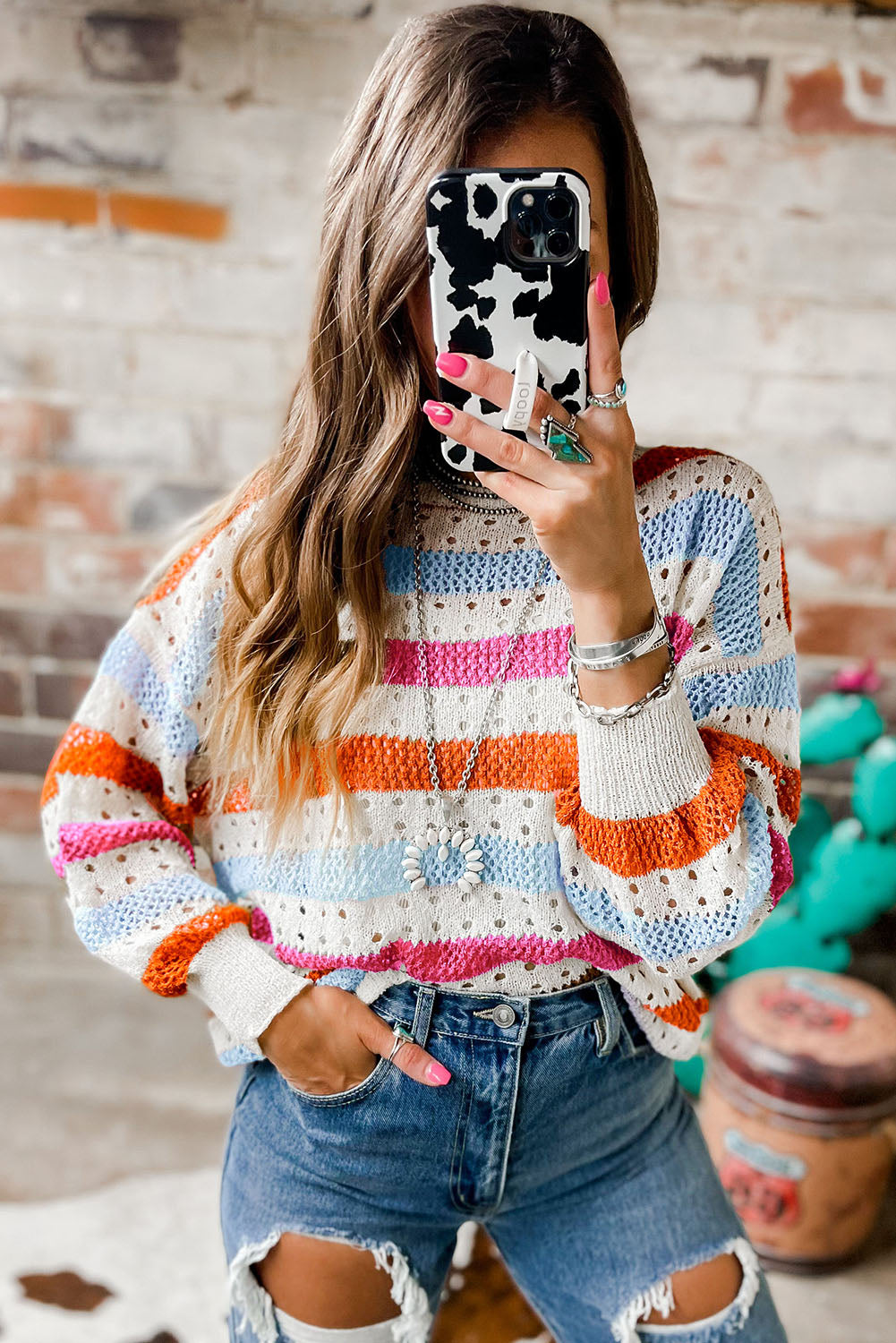 Multicolor Striped Hollowed Knitted Loose Sweater