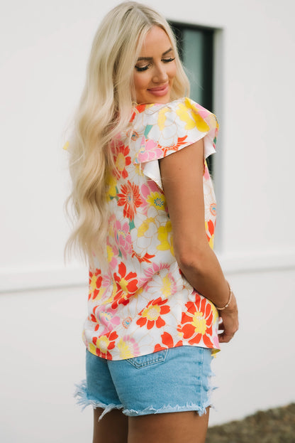 Multicolor Stand Collar Flutter Sleeves Floral Top