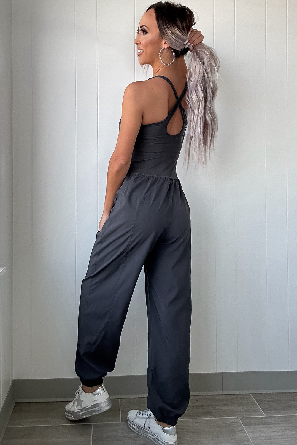 Carbon Grey Back Crossed Straps Hollow Out Jogger Jumpsuit