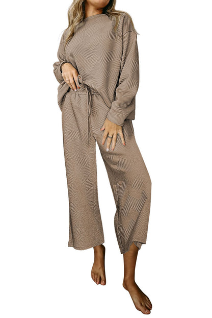 Dark Khaki Textured Loose Slouchy Long Sleeve Top and Pants Set