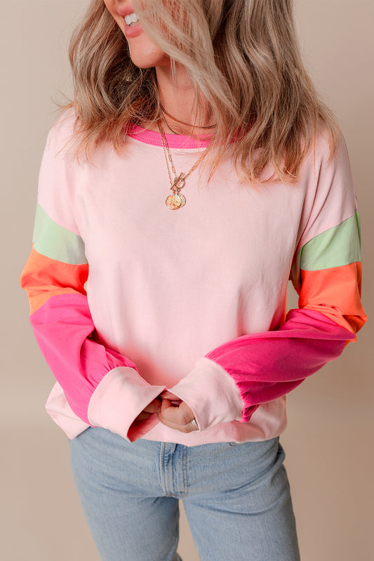 Pink Colorblock Patchwork Long Sleeve Loose Top