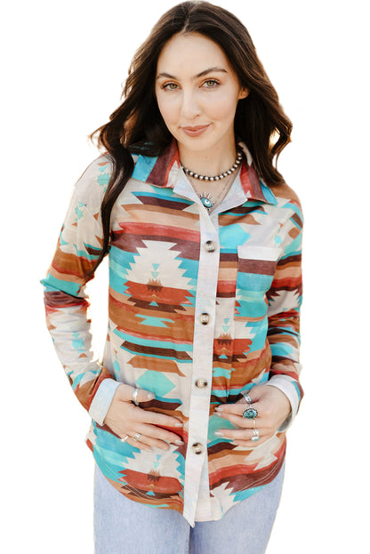 Multicolor Aztec Print Buttoned Pocket Chest Long Sleeve Shirt