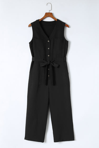 Black Buttoned Sleeveless Cropped Jumpsuit with Sash