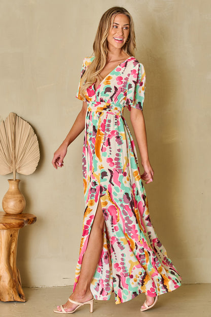 Pink Boho Tie-dye Print V Neck Maxi Dress