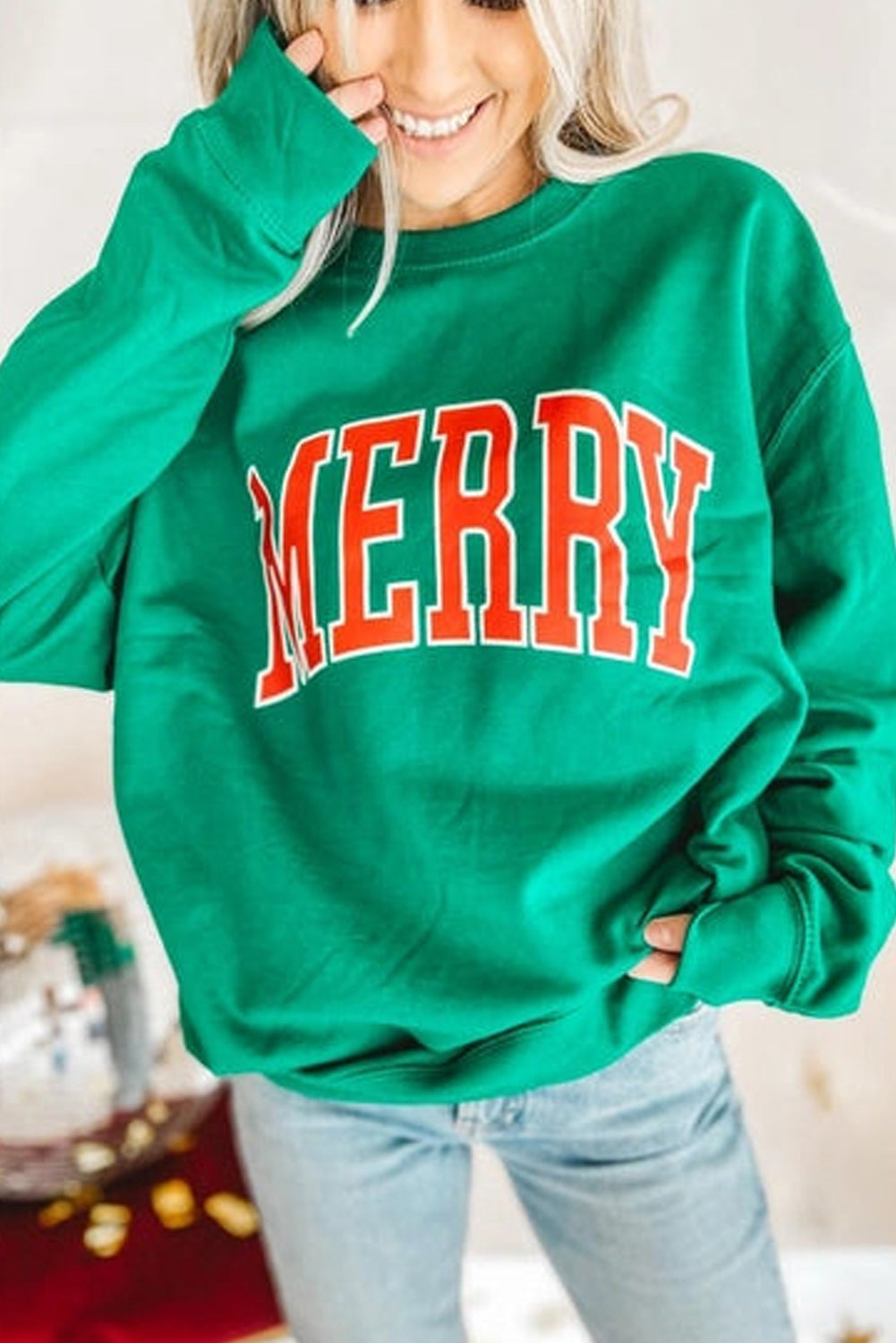 Bright Green MERRY Graphic Pullover Sweatshirt