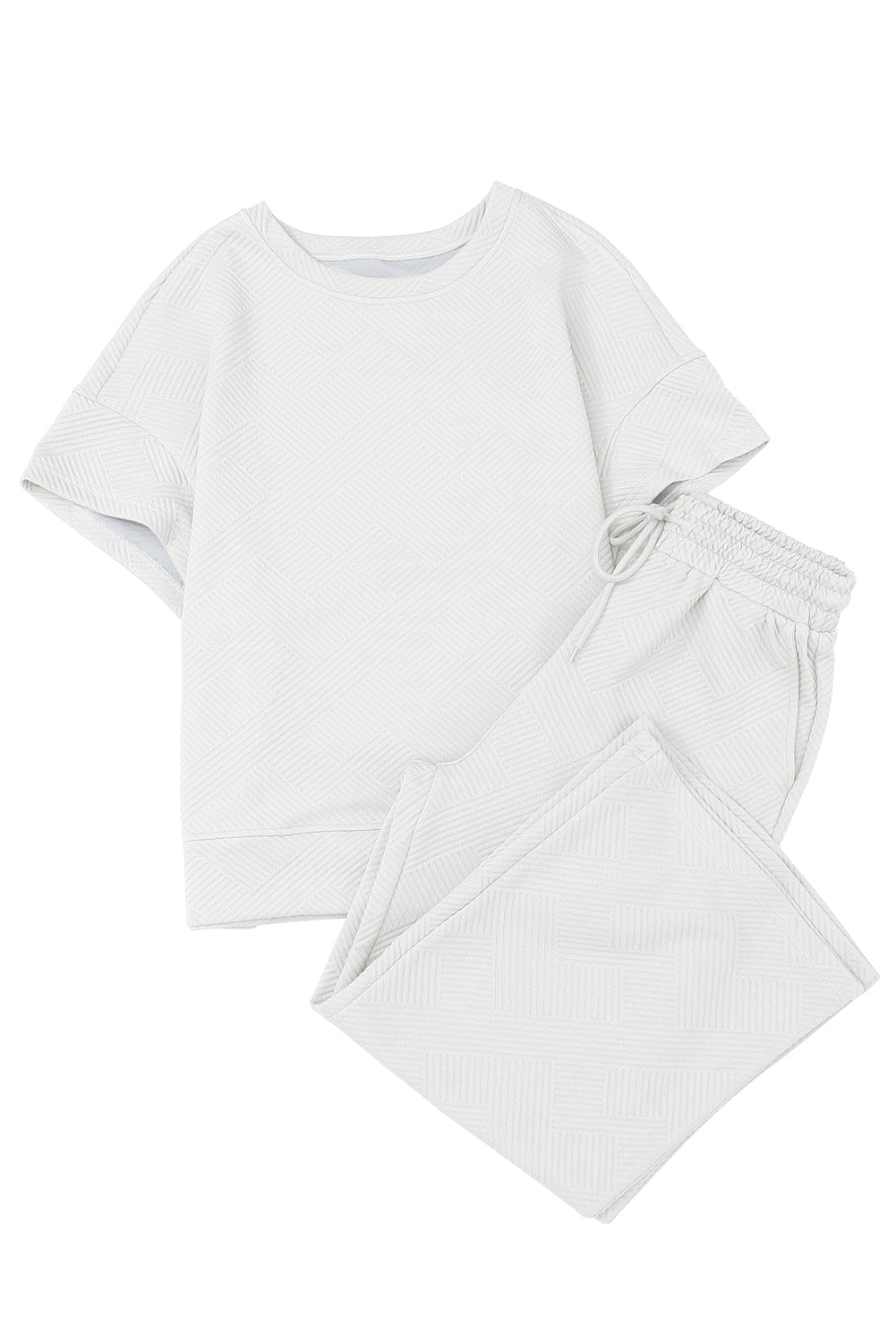 White Textured Loose Fit T Shirt and Drawstring Pants Set