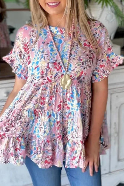 Pink Floral Print Ruffle Sleeve Babydoll Top