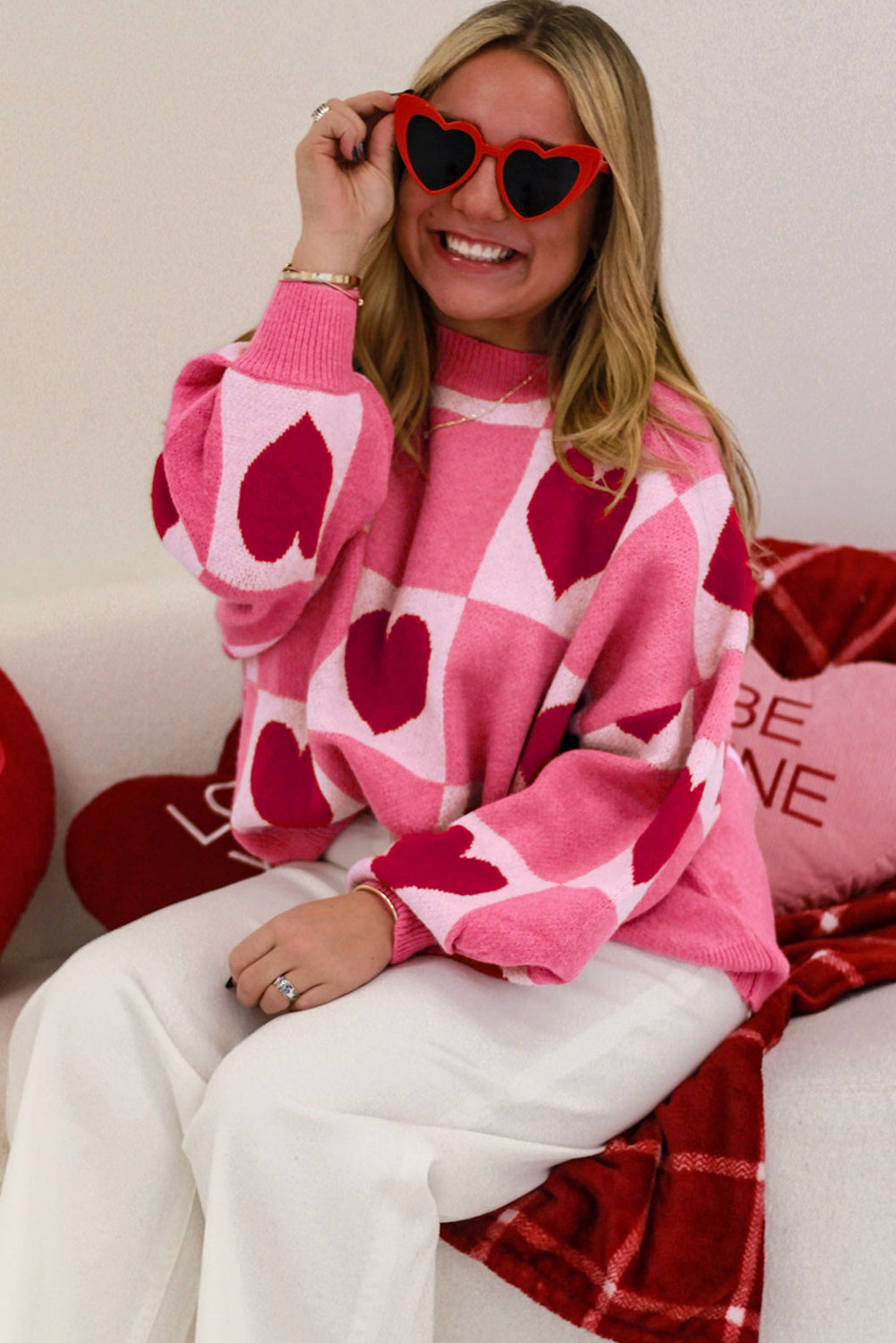 Pink Love Heart Checkered Valentine Crew Neck Sweater