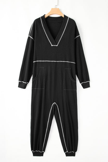 Black Flatlock Seam Detail V Neck Baggy Jumpsuit