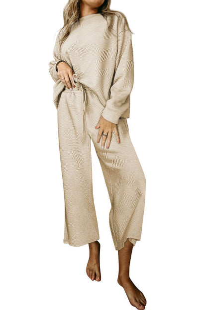 Dark Khaki Textured Loose Slouchy Long Sleeve Top and Pants Set