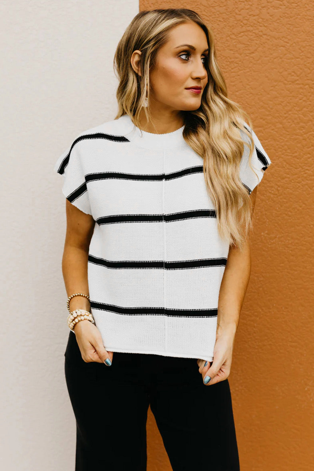 White Striped Batwing Sleeve Sweater Tee