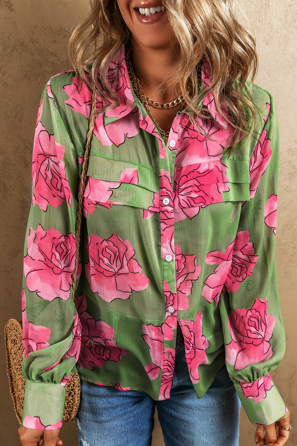 Green Floral Print Pleated Detail Puff Sleeve Shirt