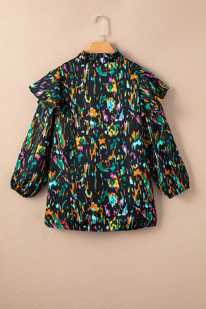 Multicolour Abstract Print 3/4 Puff Sleeve Ruffle Blouse