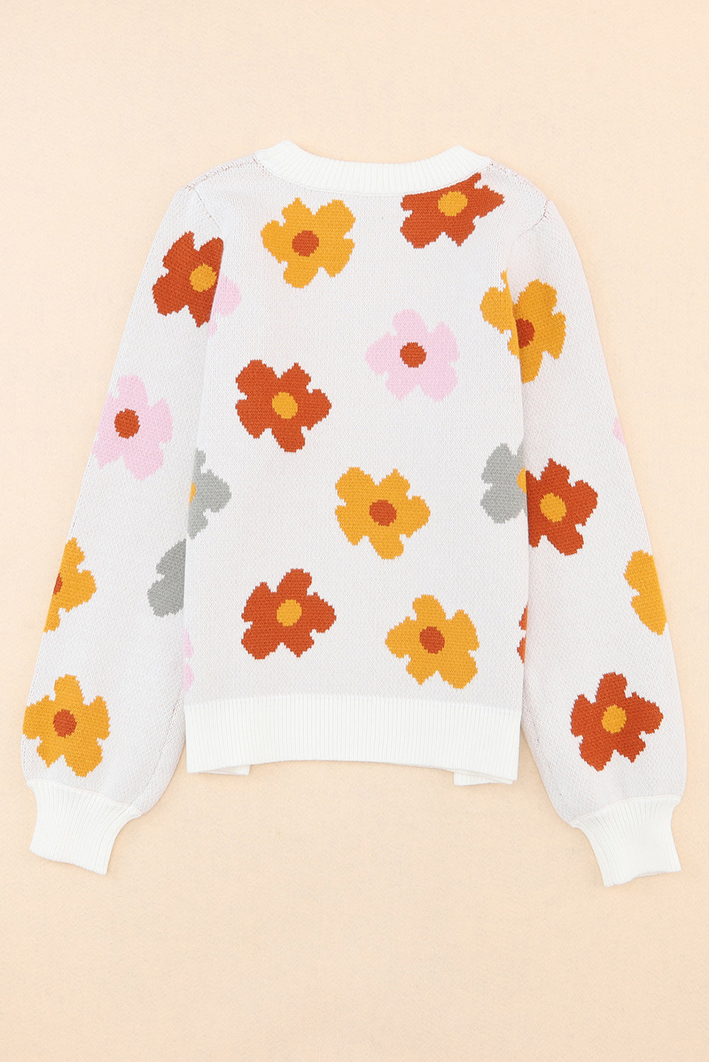 White Sweet Flower Knitted Ribbed Hem Sweater