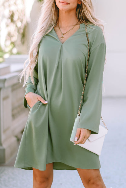 Green Roll-tab Sleeve Flowy Casual Dress