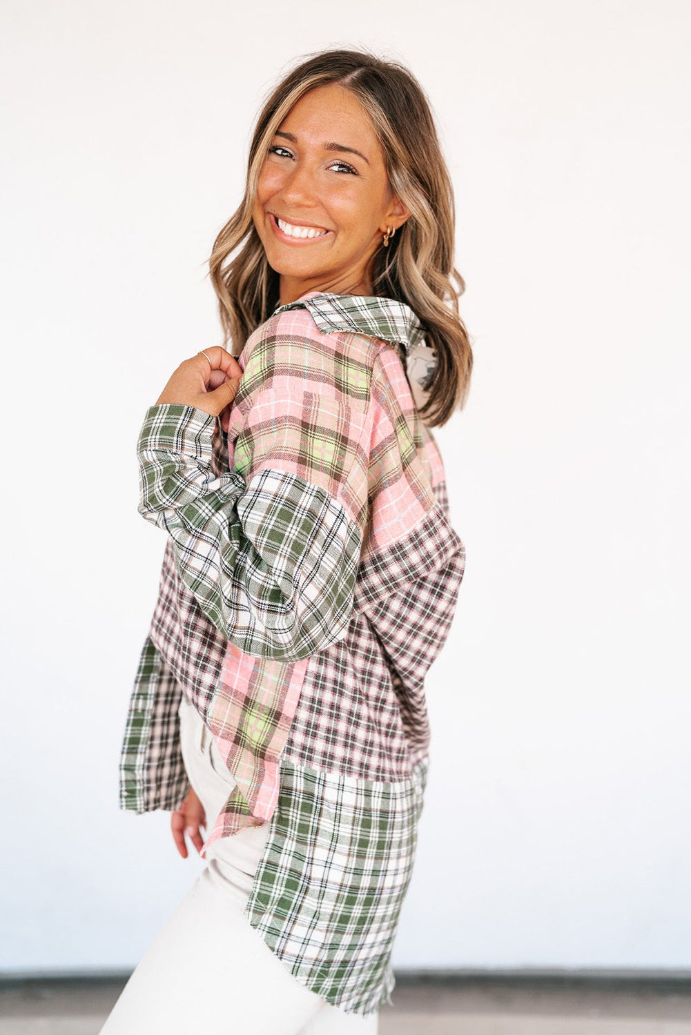 Multicolor Plaid Patchwork High Low Oversized Shirt