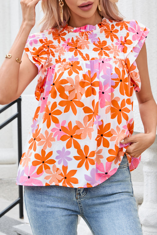 Orange Ruffled Sleeve Smocked Floral Top