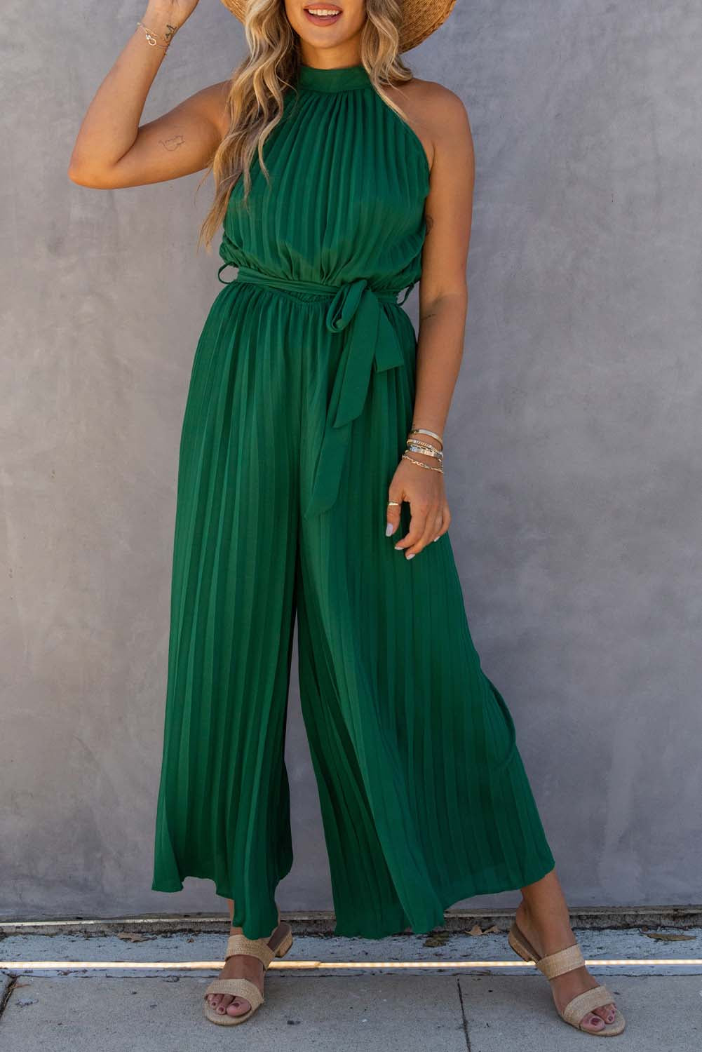 Black Elegant Halter Neck Belted Pleated Wide Leg Jumpsuit