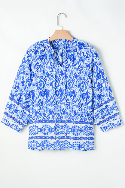 Blue Boho Printed 3/4 Sleeve Tied Neck Blouse