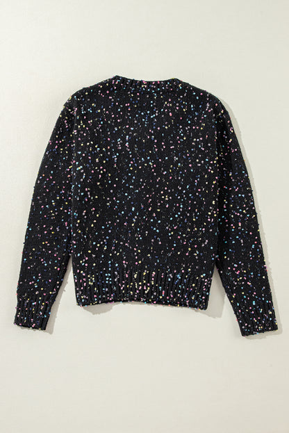 Black Rhinestone Decor Multicolor Confetti Sweater Cardigan