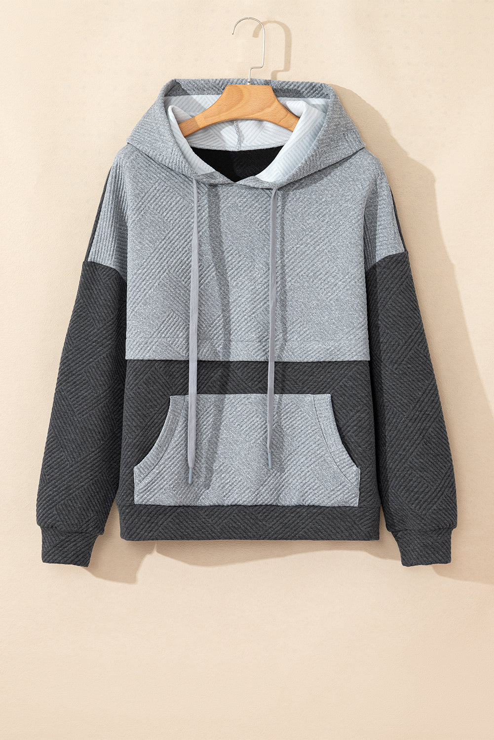 Gray Textured Color Block Kangaroo Pocket Drop Shoulder Hoodie