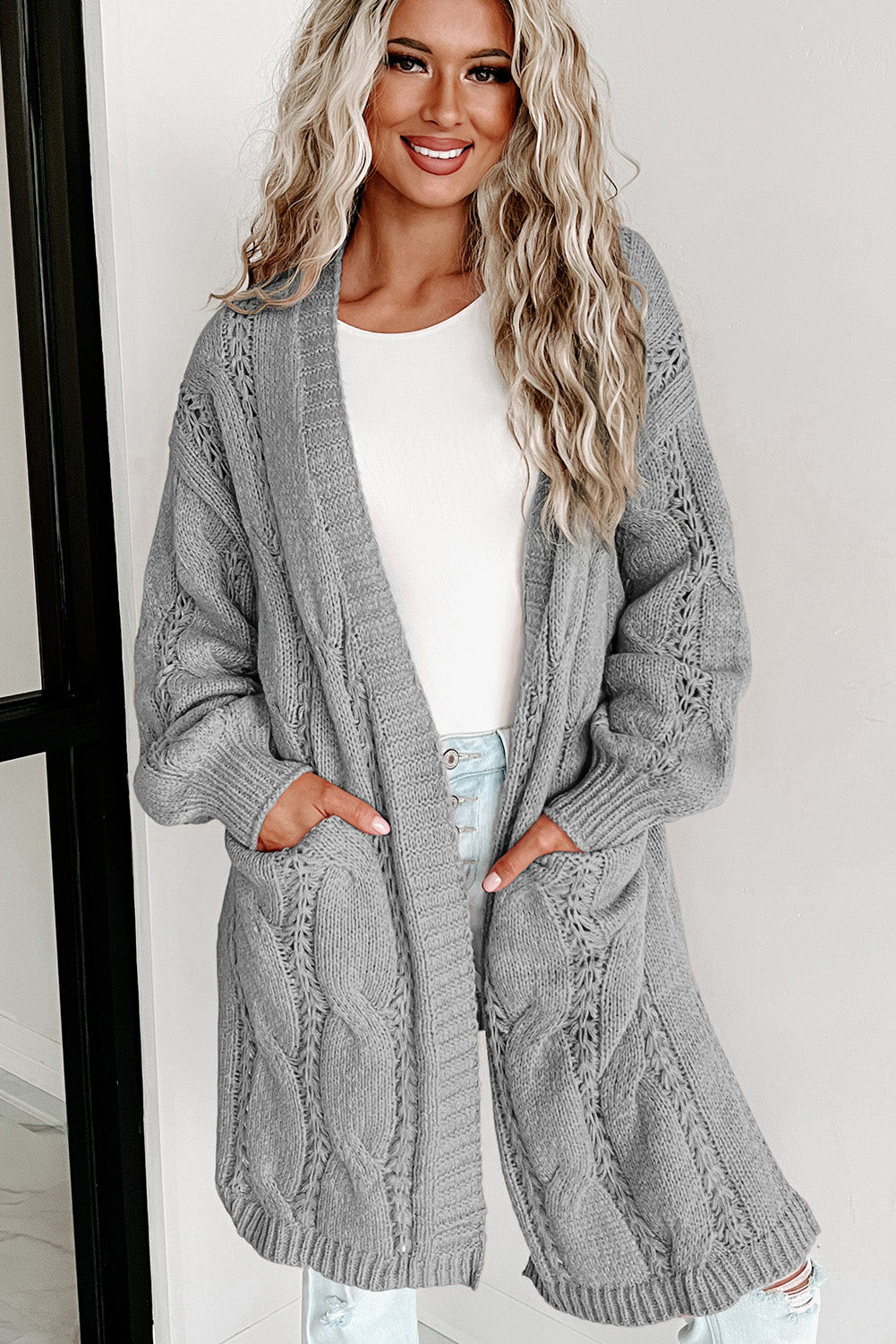 Red Ribbed Trim Hollow Knit Side Slits Cardigan