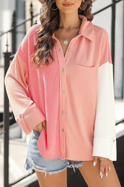 Pink Ribbed Colorblock Drop Shoulder Shirt with Pocket