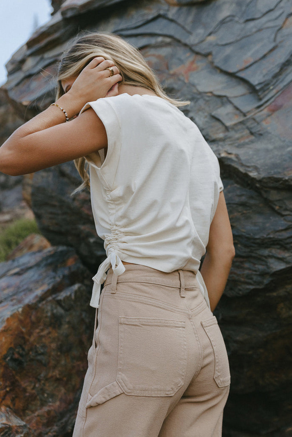 White Side Drawstring Short Sleeve Crew Neck Top