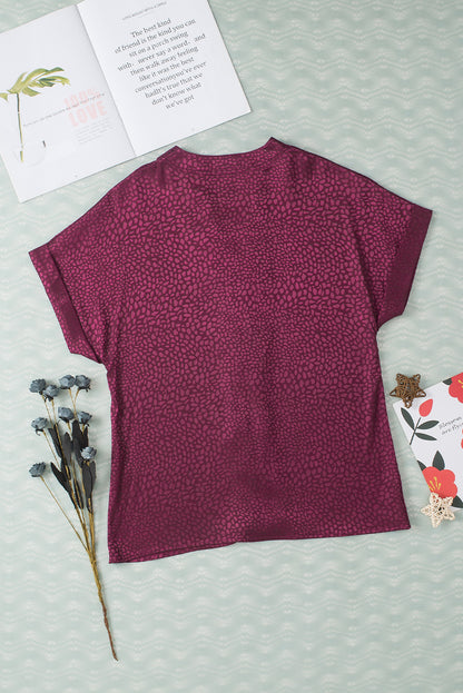 Red Leopard Print Rolled Sleeve V Neck Blouse