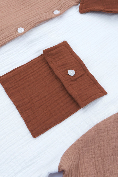 Brown Color Block Textured Long Sleeve Shirt with Pocket