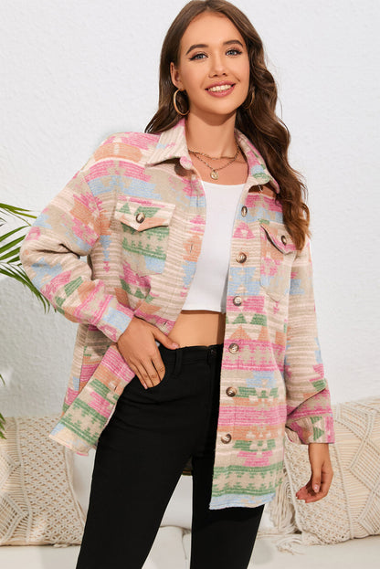 Multicolor Button Up Flap Pockets Geometric Jacket for Women