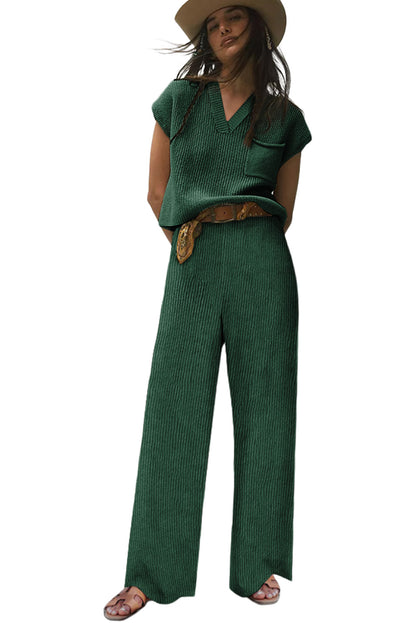 Green Knitted V Neck Sweater and Casual Pants Set