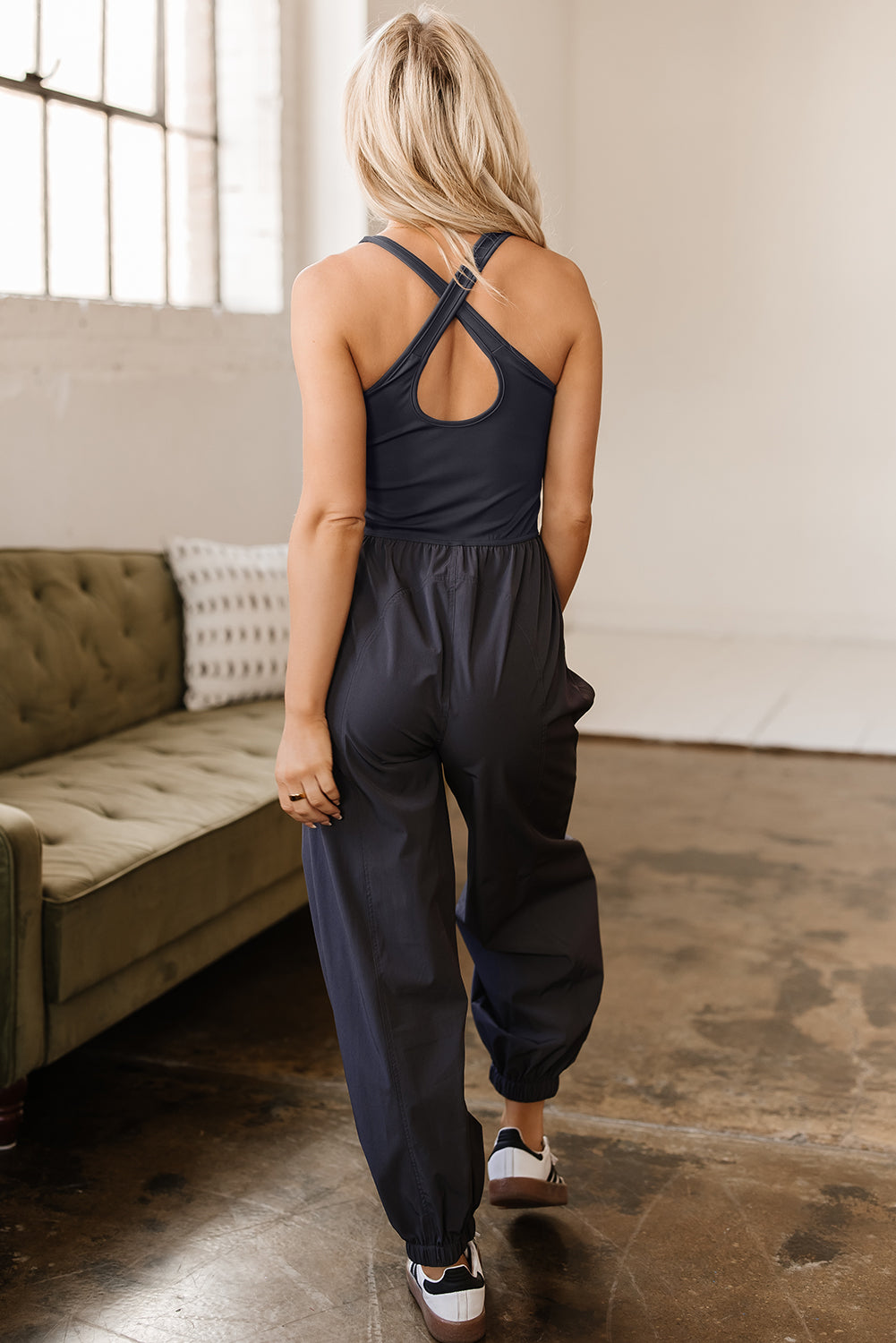 Carbon Grey Back Crossed Straps Hollow Out Jogger Jumpsuit