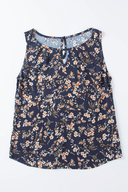 Blue Cutout Decor Round Neck Floral Tank Top