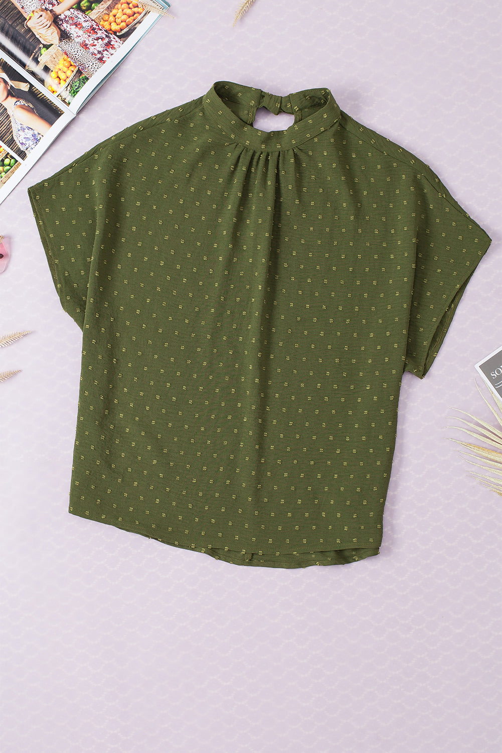 Mist Green Swiss Dot Mock Neck Batwing Sleeve Blouse