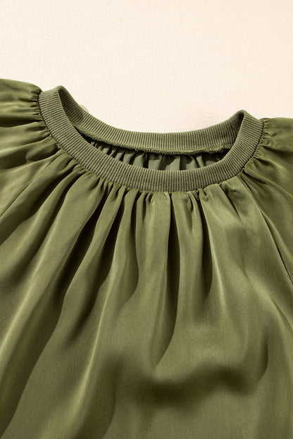 Jungle Green Pleated Flutter Sleeve Satin Top