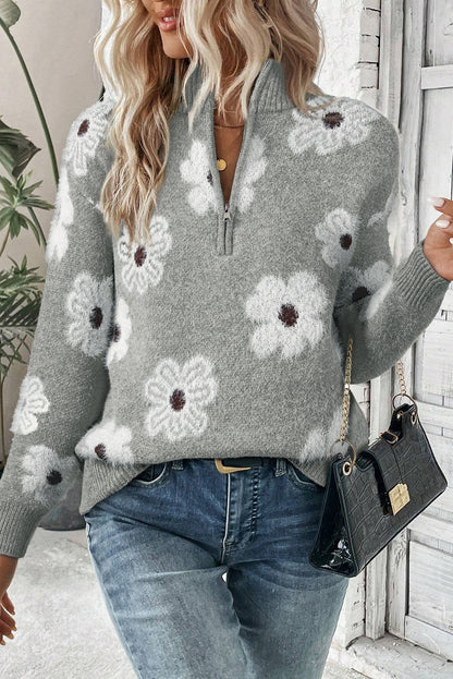 Gray Floral Pattern Half Zip Drop Shoulder Sweater