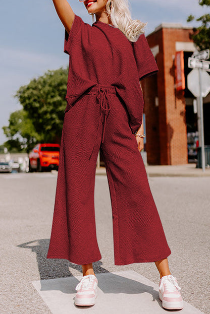 Black Textured Loose Fit T Shirt and Drawstring Pants Set