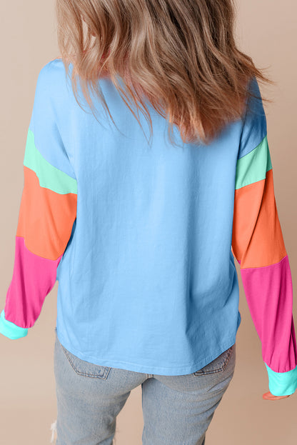 Dark Blue Colorblock Patchwork Long Sleeve Loose Top