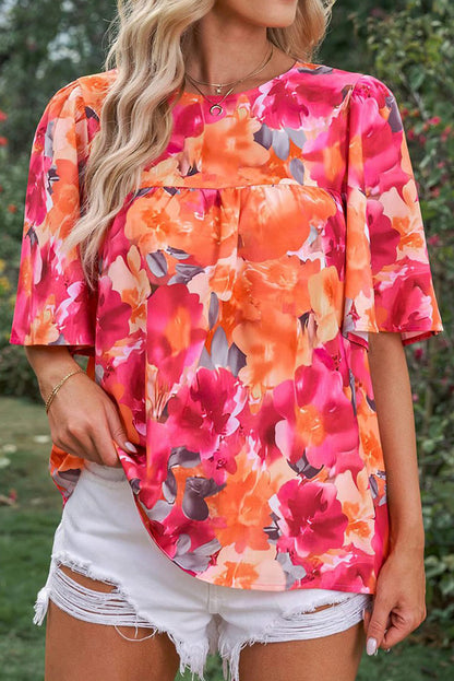 Fiery Red Floral Print Wide Sleeve Blouse