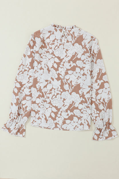 Light French Beige Floral Print Frilled Neckline Flounce Sleeve Blouse